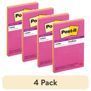 Post-it Super Sticky Notes, Lined, 4 in x 6 in, Assorted Brights, 3 Pads