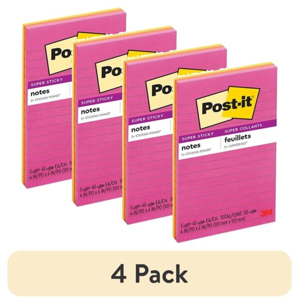 Post-it Super Sticky Notes, Lined, 4 in x 6 in, Assorted Brights, 3 Pads