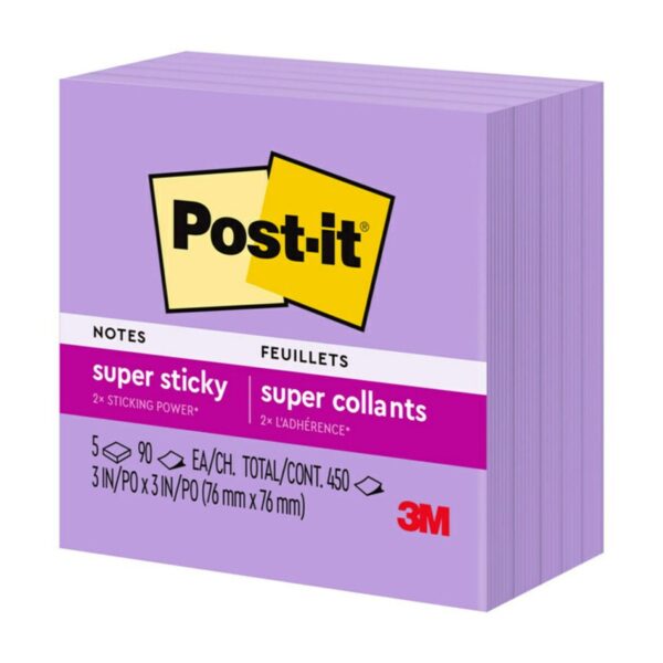 Post-it Super Sticky Notes, 3″ x 3″, Purple, 5 Pads/Pack