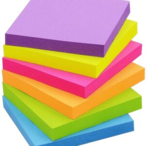 Sticky Notes 2×2 in Bright Stickies Colorful Super Sticking Power Memo Pads, Strong Adhesive, 6 Pads/Pack 100 Sheets
