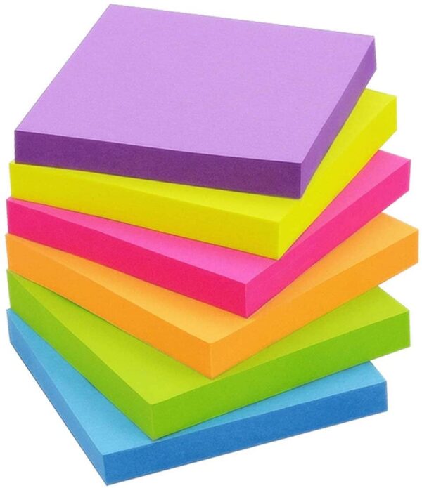 Sticky Notes 2×2 in Bright Stickies Colorful Super Sticking Power Memo Pads, Strong Adhesive, 6 Pads/Pack 100 Sheets
