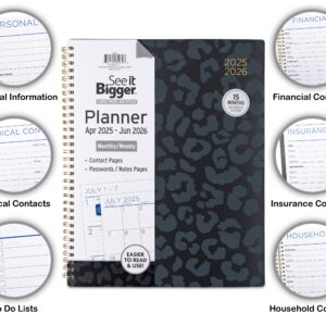 See it Bigger Monthly Weekly Planner Large (9.25″ x 11″) Black Leopard, 15 month, Apr 2025-Jun 2026