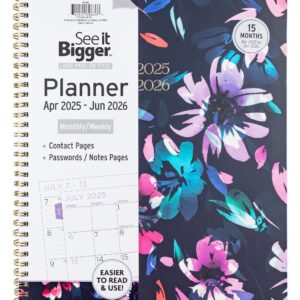 See it Bigger Monthly Weekly Planner Large (9.25″ x 11″) Blue Floral, 15 month, Apr 2025-Jun 2026
