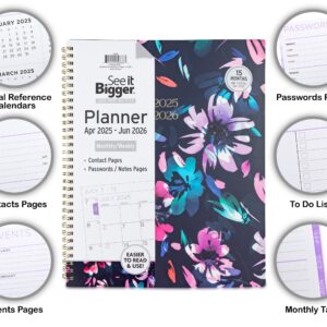 See it Bigger Monthly Weekly Planner Large (9.25″ x 11″) Blue Floral, 15 month, Apr 2025-Jun 2026