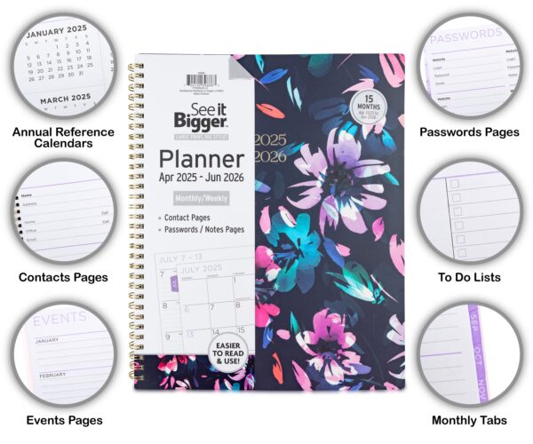 See it Bigger Monthly Weekly Planner Large (9.25″ x 11″) Blue Floral, 15 month, Apr 2025-Jun 2026