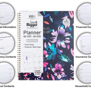 See it Bigger Monthly Weekly Planner Large (9.25″ x 11″) Blue Floral, 15 month, Apr 2025-Jun 2026