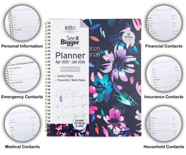 See it Bigger Monthly Weekly Planner Large (9.25″ x 11″) Blue Floral, 15 month, Apr 2025-Jun 2026