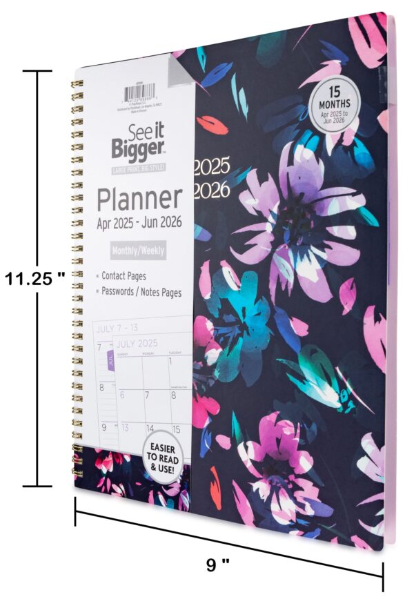 See it Bigger Monthly Weekly Planner Large (9.25″ x 11″) Blue Floral, 15 month, Apr 2025-Jun 2026