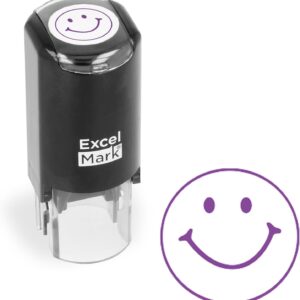 Excelmark Smiley Face Stamp, All-Season Teacher Stamp, Easy to Use Self-Inking Stamp, Round Teacher Stamp Classroom Supplies, Rubber Stamp with an ABS Plastic Construction, Purple Ink. - Image 1