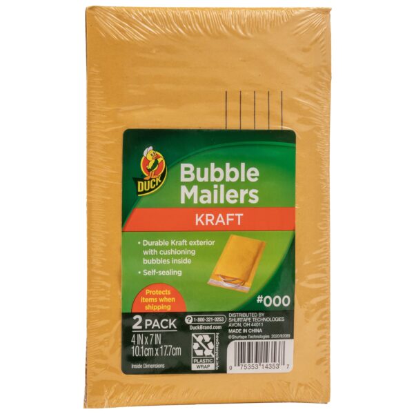 Duck Self-Seal Kraft Bubble Mailer 000, 4″ x 7″, Solid Print, 2 Pack