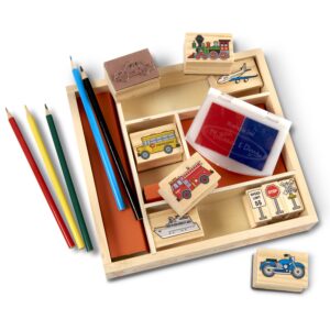 Melissa & Doug Wooden Stamp Set: Vehicles - 10 Stamps, 5 Colored Pencils, 2-Color Stamp Pad - Image 3