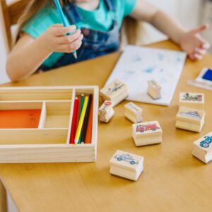 Melissa & Doug Wooden Stamp Set: Vehicles - 10 Stamps, 5 Colored Pencils, 2-Color Stamp Pad - Image 6