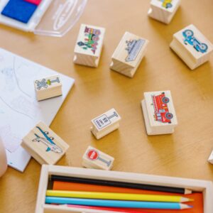 Melissa & Doug Wooden Stamp Set: Vehicles - 10 Stamps, 5 Colored Pencils, 2-Color Stamp Pad - Image 8
