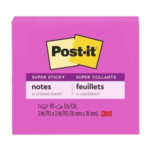 Post-it Super Sticky Notes, 3 in x 3 in, Bright Pink, 1 Pad