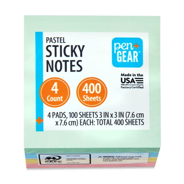 Pen + Gear Sticky Notes, 3 in. x3 in., Assorted Pastel, 100 Shts/Pad, 4 Pads