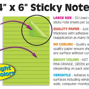 Lined Sticky Notes, 4 x 6, 6 Pack, 300 Sheets (50/Pad), Self Stick Notes with Lines, 6 Bright Assorted Colors, by Better