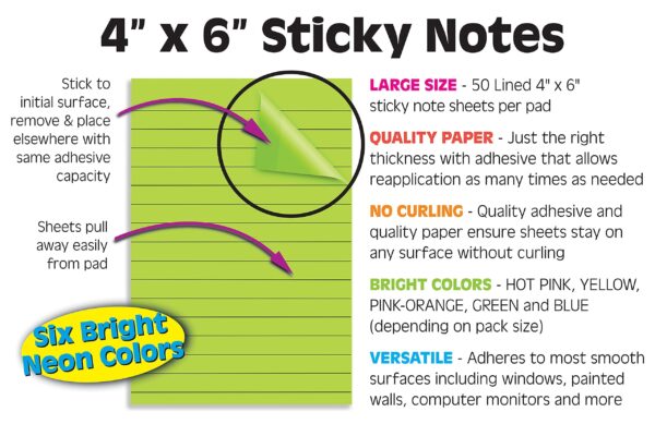 Lined Sticky Notes, 4 x 6, 6 Pack, 300 Sheets (50/Pad), Self Stick Notes with Lines, 6 Bright Assorted Colors, by Better