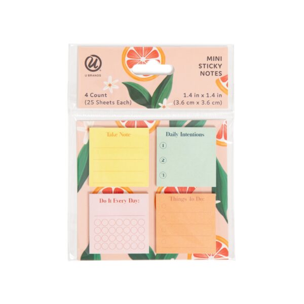 U Brands Mini Sticky Notes, Set of 4, 1.4 x 1.4 in., 25 Sheets Each, Painted Fruits Design