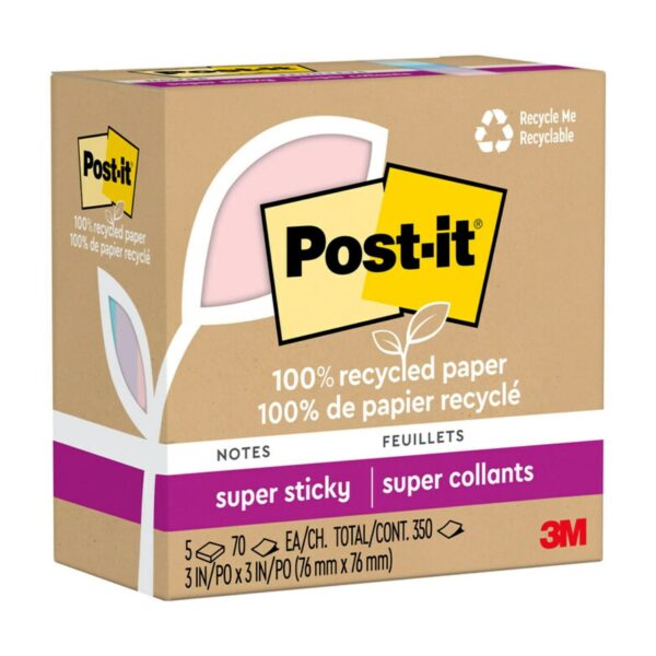 Post-it Recycled Super Sticky Notes Made with 100% Recycled Paper, 3 in x 3 in, Wanderlust Pastels, 5 Pads