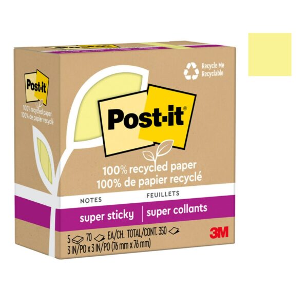 Post-it Recycled Super Sticky Notes Made with 100% Recycled Paper, 3 in x 3 in, Wanderlust Pastels, 5 Pads