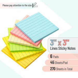 Mr. Pen- Lined Sticky Notes 3×3, 6 Pads, 45 Sheet/Pads, Pastel Colors, Sticky Notes with Lines