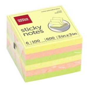 Office Depot® Brand Sticky Notes, 3″ x 3″, Assorted Neon Colors, 100 Sheets Per Pad, Pack Of 6 Pads