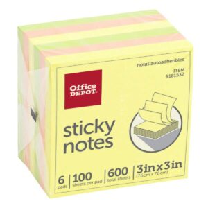 Office Depot® Brand Sticky Notes, 3″ x 3″, Assorted Neon Colors, 100 Sheets Per Pad, Pack Of 6 Pads