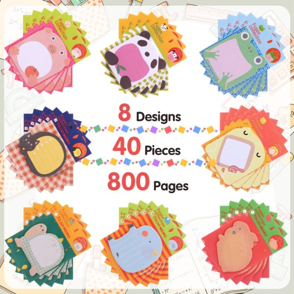 sixwipe 40 Pack 800 Sheets Cute Sticky Notes, Kawaii Cartoon Sticky Notes Bulk, Small Fun Note Pads, Mini Animal Notes for Reminder Notes Kitchen Notepads Office Supplies