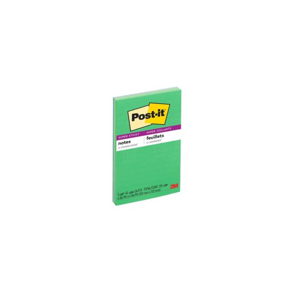 Post-it Super Sticky Notes, Lined, 4″ x 6″, Assorted Greens and Blues, 3 Pads