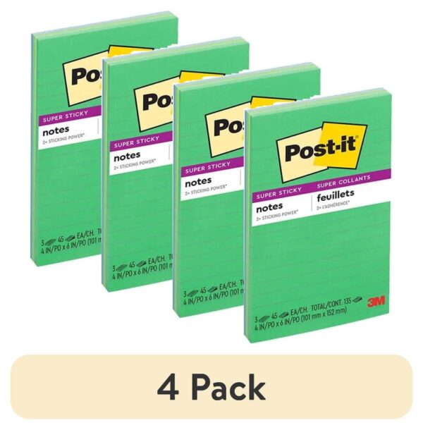 Post-it Super Sticky Notes, Lined, 4″ x 6″, Assorted Greens and Blues, 3 Pads