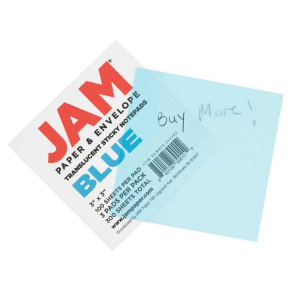 JAM Paper Transparent Sticky Note Pad, Blue, 3 x 3, 300 Sheets/Pack