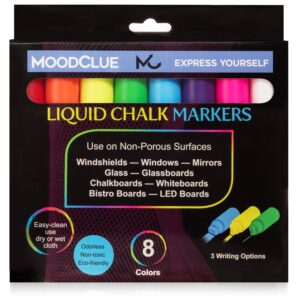 MoodClue Car Window, Glass Marker Pens. Bold Liquid Chalk for Auto Windshields, Mirrors, White + LED Boards. Washable, Erasable. Neon 8pk. 10mm Jumbo Tip – 3 Writing Options.
