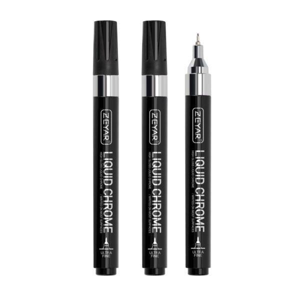 ZEYAR Liquid Chrome Marker Paint Marker, Shiny Silver Pen for smooth surfaces, High-gloss display effects, Needle Extra Fine (3)
