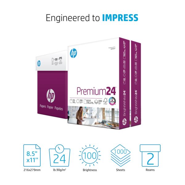 HP Printer Paper, Premium 24 lb., 8.5″ x 11″, White, 2 Reams, 1000 Sheets