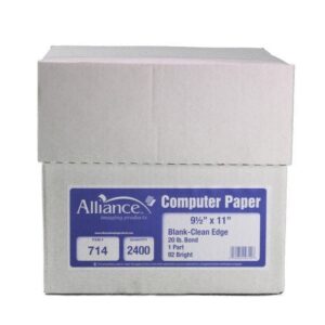 Alliance Continuous Computer Paper, 9-1/2"x11", White, Clean Edge, 1 Pt, 20lb, 2400 Sheets per Carton - Image 1