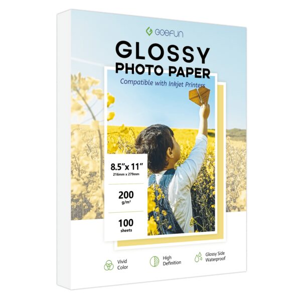 Glossy Photo Paper 8.5×11 Inch, Goefun Inkjet Printer Paper 100 Sheet, 200GSM Thick Photo Paper for Dye Ink
