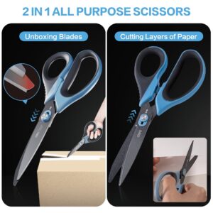 deli All Purpose Scissors with Razor Teflon Coated Blade and Soft Grip Handles, Dual-Mode Functionality, Gray and Blue