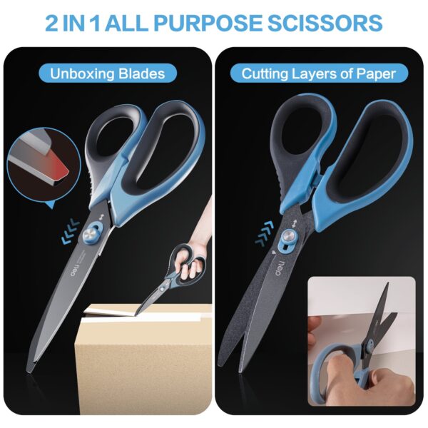 deli All Purpose Scissors with Razor Teflon Coated Blade and Soft Grip Handles, Dual-Mode Functionality, Gray and Blue