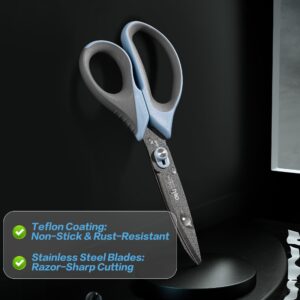 deli All Purpose Scissors with Razor Teflon Coated Blade and Soft Grip Handles, Dual-Mode Functionality, Gray and Blue