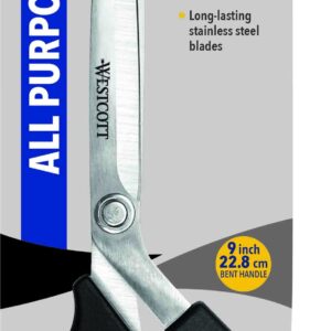 Westcott Multipurpose Scissors, All Purpose Plus, 9″, Bent, Stainless Steel, for Office, Black, 1-Count