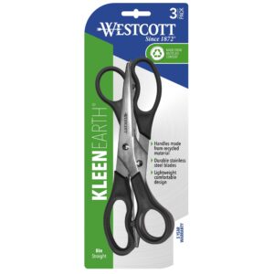 Westcott 8″ Straight Kleen Earth Recycled Stainless Steel Scissor, Black, 3 Pack, High School Level