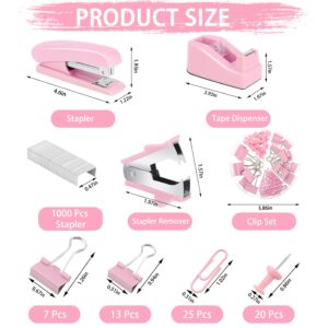 cyrico Pink Office Supplies Set, Stapler and Tape Dispenser Set Desk Accessories Kit with Stapler, Tape Dispenser, Remover, Staples, Clips, Scissor, Ruler, Pen and Tabs for Women, Clerks