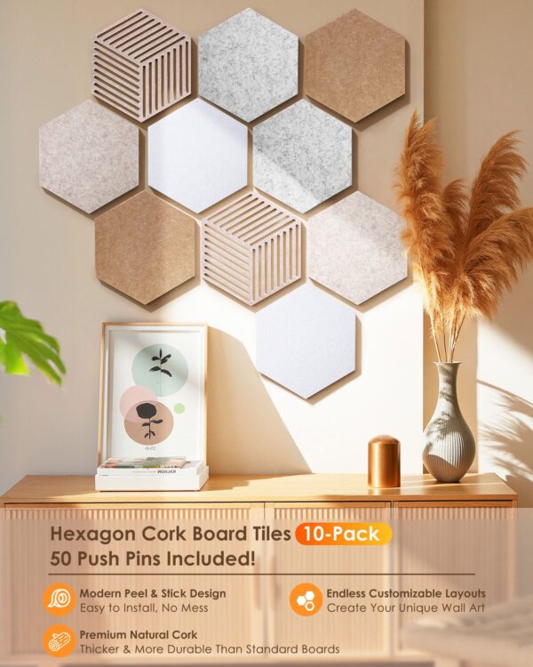 FOX FAIRY Hexagon Cork Boards for Walls Decor 10 pack with 50 Pins,Pin Board for Office,Home & Classroom Decor