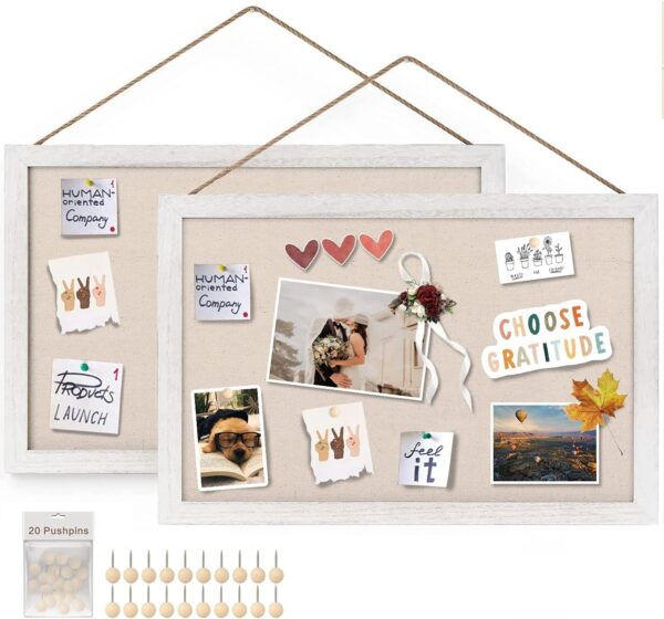 Sfugno Wood Bulletin Boards, 2-Pack Linen Wall Bulletin Board, Decorative Hanging Pin Board, Frame Cork Board Light Bulletin Boards for Home Kitchen Office