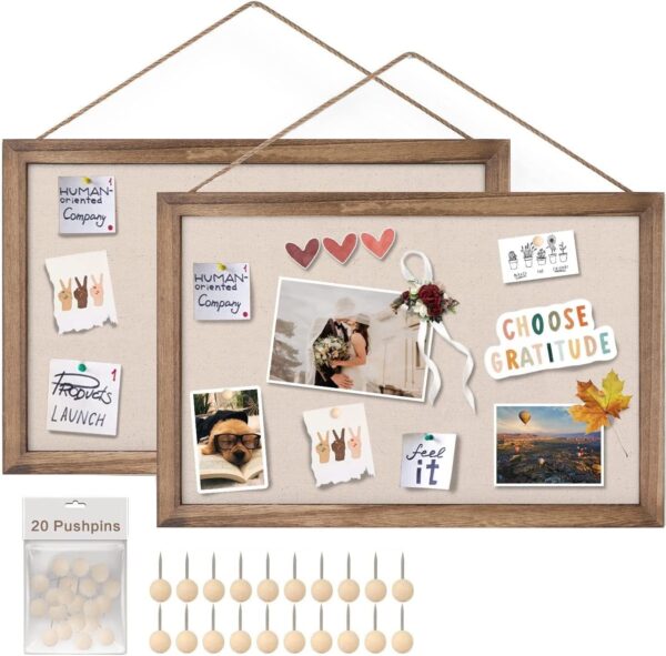 Sfugno Wood Bulletin Boards, 2-Pack Linen Wall Bulletin Board, Decorative Hanging Pin Board, Frame Cork Board Light Bulletin Boards for Home Kitchen Office