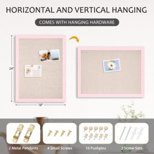 Wood Bulletin Linen Wall Bulletin Board 18″x 24″ Decorative Hanging Pin Board, Pink Frame Cork Board Light Bulletin Boards for Wall Decor for Home Kitchen Office, Pink Wood Frame