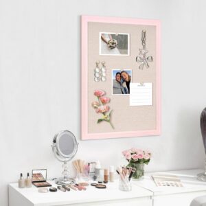 Wood Bulletin Linen Wall Bulletin Board 18″x 24″ Decorative Hanging Pin Board, Pink Frame Cork Board Light Bulletin Boards for Wall Decor for Home Kitchen Office, Pink Wood Frame
