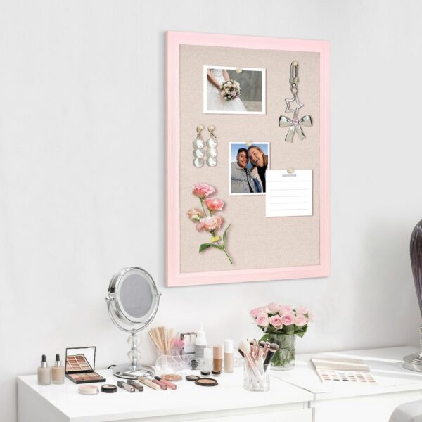 Wood Bulletin Linen Wall Bulletin Board 18″x 24″ Decorative Hanging Pin Board, Pink Frame Cork Board Light Bulletin Boards for Wall Decor for Home Kitchen Office, Pink Wood Frame
