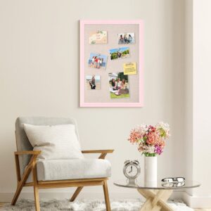 Wood Bulletin Linen Wall Bulletin Board 18″x 24″ Decorative Hanging Pin Board, Pink Frame Cork Board Light Bulletin Boards for Wall Decor for Home Kitchen Office, Pink Wood Frame