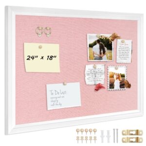 Wood Bulletin Linen Wall Bulletin Board 18″x 24″ Decorative Hanging Pin Board, Pink Frame Cork Board Light Bulletin Boards for Wall Decor for Home Kitchen Office, Pink Wood Frame